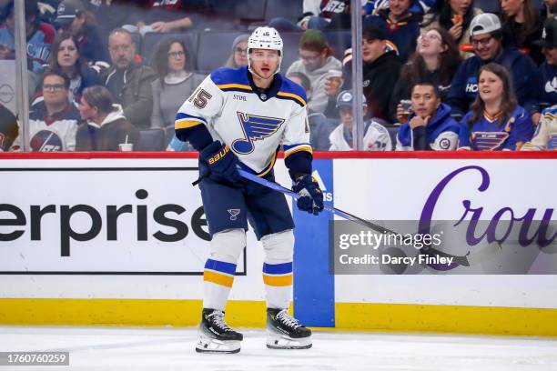 Jakub Vrana of the St. Louis Blues keeps an eye on the play during third period action against the Winnipeg Jets at the Canada Life Centre on October...