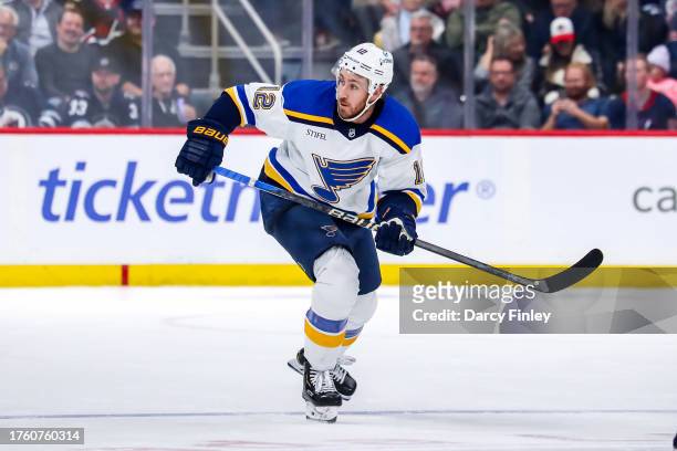 Kevin Hayes of the St. Louis Blues follows the play up the ice during third period action against the Winnipeg Jets at the Canada Life Centre on...