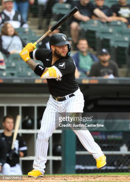 Yoan Moncada of the Chicago White Sox at bat in the game against the Arizona Diamondbacks at Guaranteed Rate Field on September 28, 2023 in Chicago,...