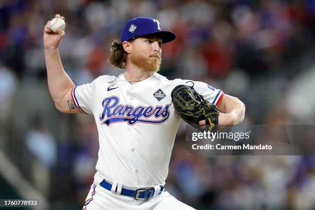 Jon Gray of the Texas Rangers pitches in the seventh inning against the Arizona Diamondbacks during Game One of the World Series at Globe Life Field...