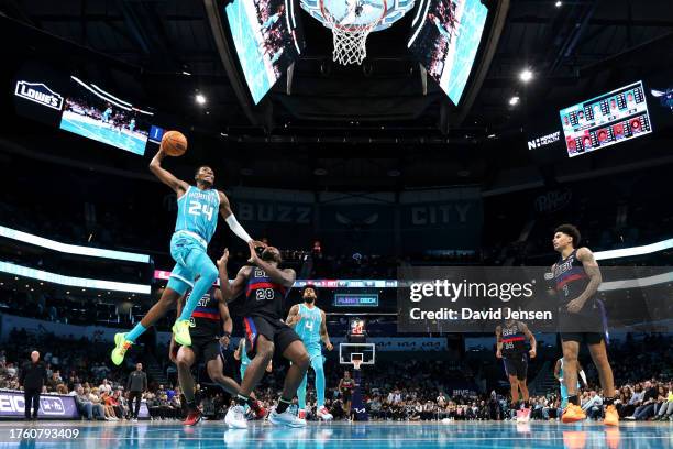 Brandon Miller of the Charlotte Hornets dunks the ball during the second half of a game against the Detroit Pistons at Spectrum Center on October 27,...