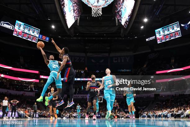 Brandon Miller of the Charlotte Hornets shoots the ball during the second half of a game against the Detroit Pistons at Spectrum Center on October...