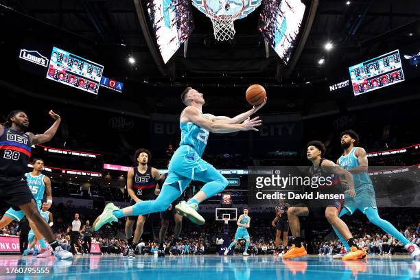 Gordon Hayward of the Charlotte Hornets lays the ball up during the second half of a game against the Detroit Pistons at Spectrum Center on October...