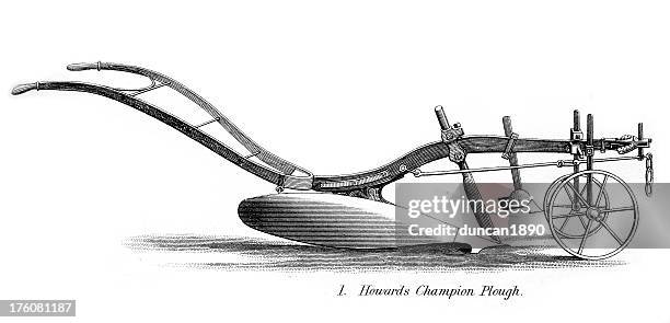 engraving of old ploughs - agricultural machinery - ancient plow stock illustrations