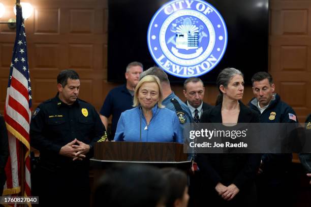 Governor Janet Mills of Maine announces to the media that Robert Card, the suspect in two mass killings, was found dead on October 27, 2023 in...