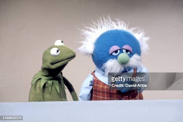 Muppets Kermit the Frog and Professor Hastings during the taping of Sesame Street's very first season, taken for America Illustrated Magazine, at...