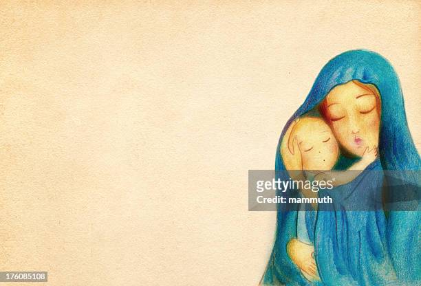 ilustraciones, imágenes clip art, dibujos animados e iconos de stock de virgen maría con el niño jesús - virgin mary