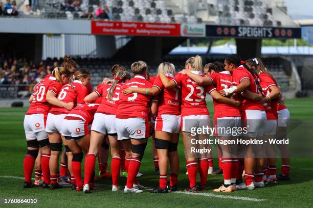 Wales players huddle prior to the WXV1 match between New Zealand Black Ferns and Wales at Forsyth Barr Stadium on October 28, 2023 in Dunedin, New...