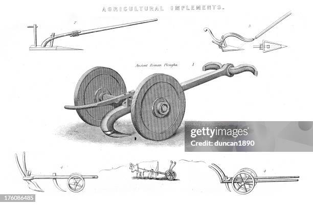 engraving of ancient ploughs - agricultural machinery - ancient plow stock illustrations