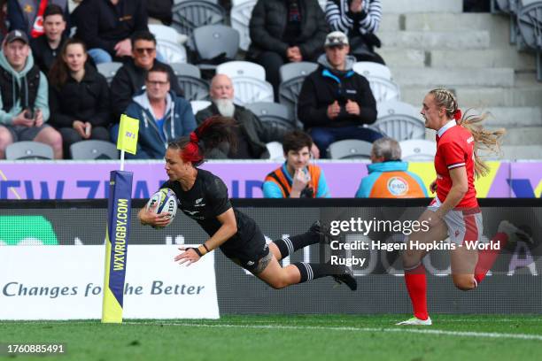 Ruby Tui of New Zealand dives to score a try during the WXV1 match between New Zealand Black Ferns and Wales at Forsyth Barr Stadium on October 28,...