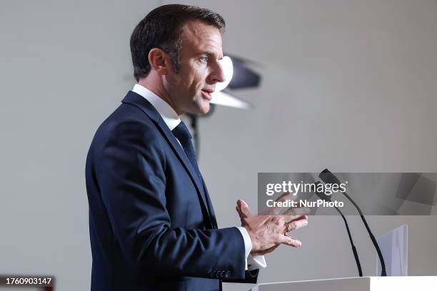 Emmanuel Macron President of the Republic of France at a press conference after the end of the 2 day European Council and Euro Summit, the EU leaders...