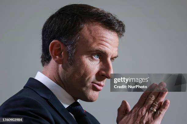 Emmanuel Macron President of the Republic of France at a press conference after the end of the 2 day European Council and Euro Summit, the EU leaders...