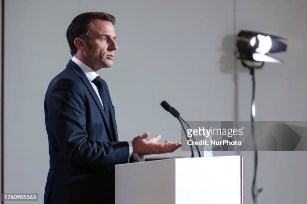 Emmanuel Macron President of the Republic of France at a press conference after the end of the 2 day European Council and Euro Summit, the EU leaders...