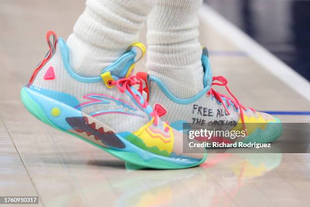 Close-up view of the shoes worn by Kyrie Irving during the game against the Brooklyn Nets at American Airlines Center on October 27, 2023 in Dallas,...