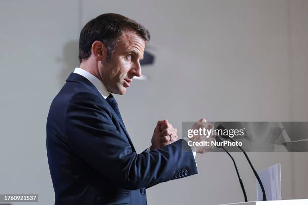 Emmanuel Macron President of the Republic of France at a press conference after the end of the 2 day European Council and Euro Summit, the EU leaders...