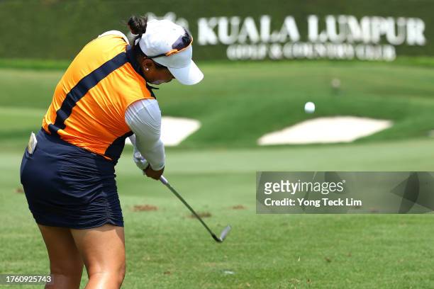 Jasmine Suwannapura of Thailand plays her third shot on the 10th hole during the third round of the Maybank Championship at Kuala Lumpur Golf and...