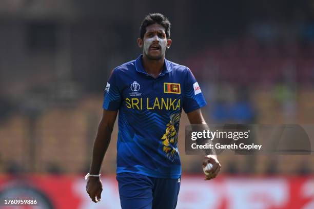 Kasun Rajitha of Sri Lanka during the ICC Men's Cricket World Cup India 2023 between England and Sri Lanka at M. Chinnaswamy Stadium on October 26,...