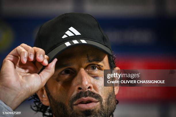 Lyon's Italian head coach Fabio Grosso give a press conference in the Olympique Lyonnais' Groupama OL training centre in Decines-Charpieu, near Lyon,...