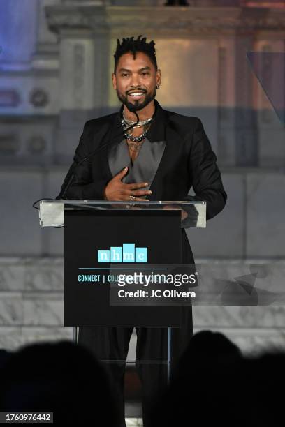 Miguel speaks onstage during the 2023 NHMC Impact Awards Gala at Vibiana on October 27, 2023 in Los Angeles, California.