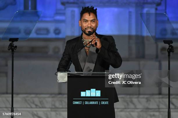 Miguel speaks onstage during the 2023 NHMC Impact Awards Gala at Vibiana on October 27, 2023 in Los Angeles, California.