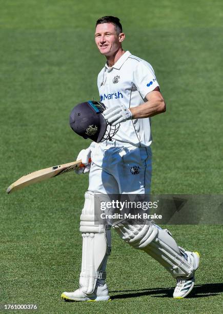 Cameron Bancroft of Western Australia celebrates bringing up his century during the Sheffield Shield match between South Australia and Western...