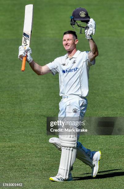 Cameron Bancroft of Western Australia celebrates bringing up his century during the Sheffield Shield match between South Australia and Western...