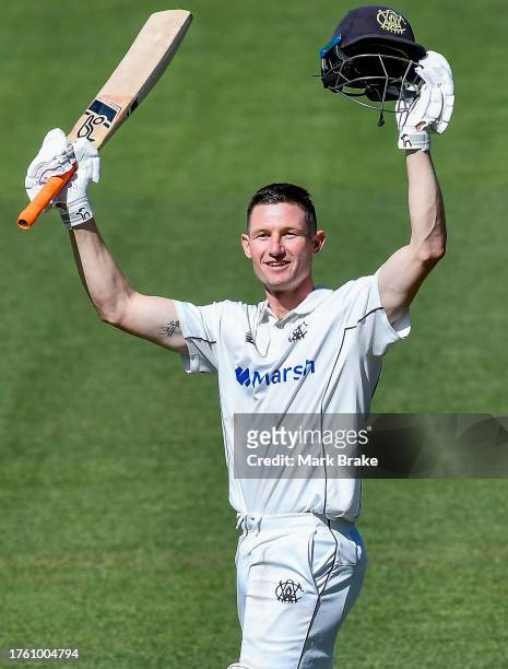 Cameron Bancroft of Western Australia celebrates bringing up his century during the Sheffield Shield match between South Australia and Western...