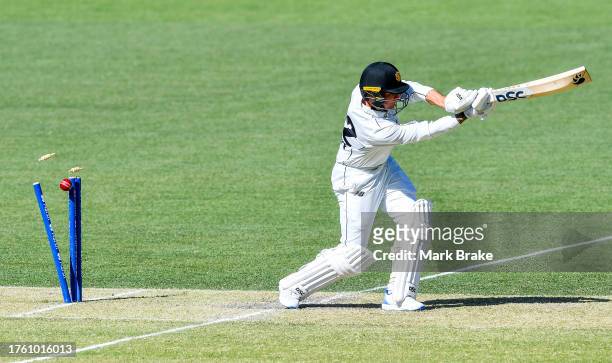 Josh Philippe of Western Australia bowled by Harry Conway of the Redbacks during the Sheffield Shield match between South Australia and Western...