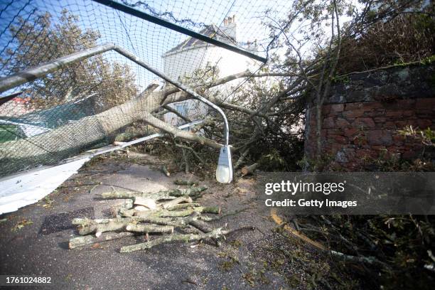Tree blocks the road and causes damage to Victoria College School cricket pitch on November 3, 2023 in St Helier, Jersey. While parts of the country...