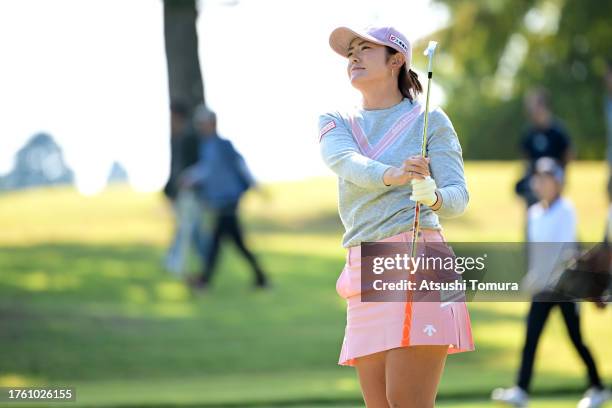 Ayaka Watanabe of Japan hits her second shot on the 16th hole during the second round of Hisako Higuchi Mitsubishi Electric Ladies Golf Tournament at...