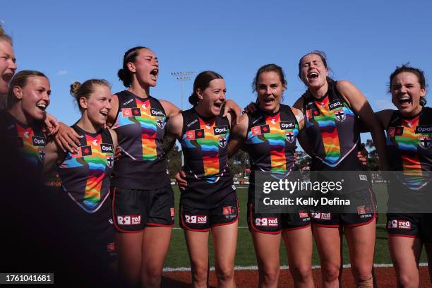 Saints celebrate victor during the round nine AFLW match between St Kilda Saints and Brisbane Lions at RSEA Park, on October 28 in Melbourne,...