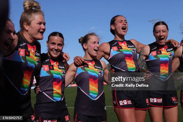 Saints celebrate victory during the round nine AFLW match between St Kilda Saints and Brisbane Lions at RSEA Park, on October 28 in Melbourne,...
