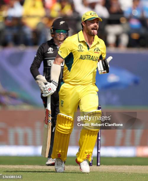 Travis Head of Australia celebrates after reaching his century after scoring 100 runs during the ICC Men's Cricket World Cup India 2023 Group Stage...