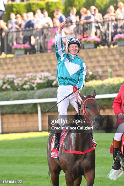 James McDonald riding Romantic Warrior reactes after defeating Craig Williams riding Mr Brightside and Tim Clark riding Alligator Blood in Race 9,...