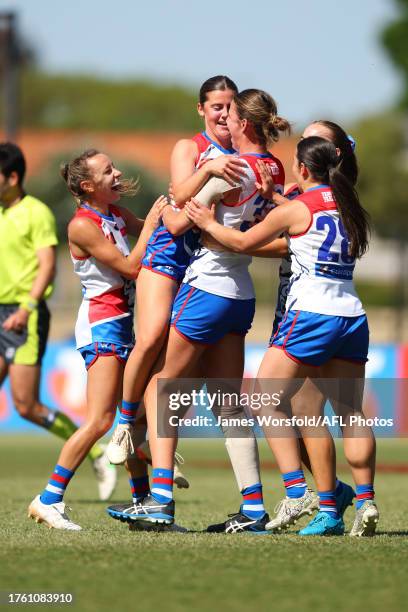 Daisy Bateman of the Bulldogs and Alice Edmonds of the Bulldogs celebrate a goal during the round nine AFLW match between West Coast Eagles and...