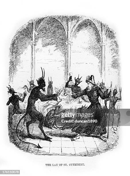 the lay of saint cuthbert - party with the devil stock illustrations