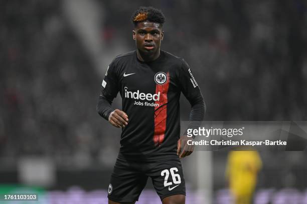 Junior Dina Ebimbe of Eintracht Frankfurt in action during to the UEFA Europa Conference League match between Eintracht Frankfurt and HJK Helsinki at...