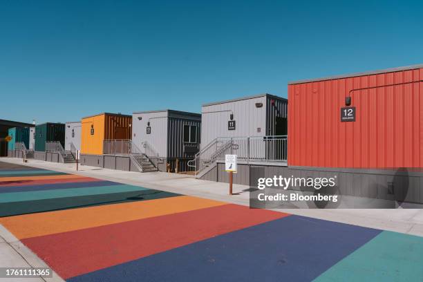 Quick-build modular housing units made of repurposed shipping containers at the Guadalupe Emergency Interim Housing community in San Jose,...