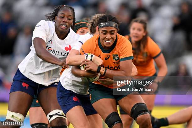 Sera Naiqama of Australia charges forward during the WXV1 match between France and Australia Wallaroos at Forsyth Barr Stadium on October 28, 2023 in...