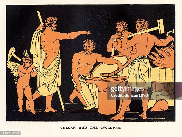 vulcan and the cyclopes - vulcan stock illustrations