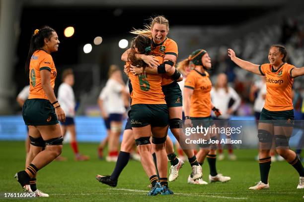 Kaitlan Leaney of Australia celebrates during the WXV1 match between France and Australia Wallaroos at Forsyth Barr Stadium on October 28, 2023 in...