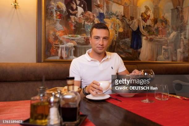 The President of Rassemblement National, Jordan Bardella is photographed for Paris Match at the restaurant Iannello on July 27, 2023 in Paris, France.