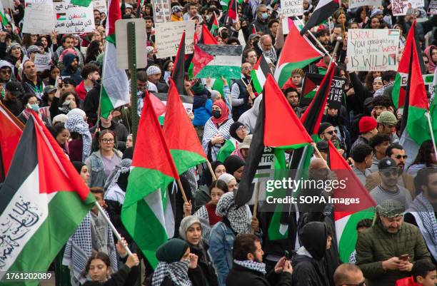 Thousands of protesters gather at Hart Plaza during a "Cease Fire on Gaza" rally. A massive gathering of over a thousand protesters from in and...