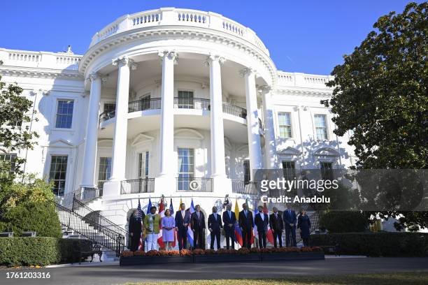 President Joe Biden poses for a photo during the America's Summit Family Photo at the White House in Washington, DC, on November 3, 2023. Prime...