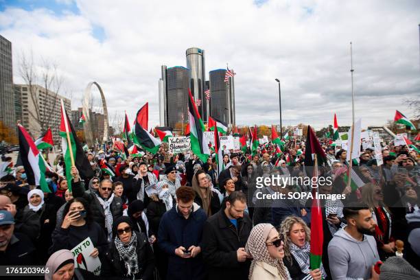 Thousands of protesters gather at Hart Plaza during the demonstration. A massive gathering of over a thousand protesters from in and around Detroit...