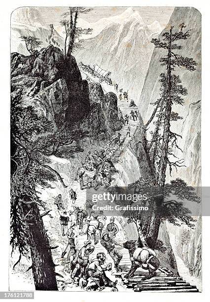 engraving of cowboys in the gold rush - early american western art stock illustrations