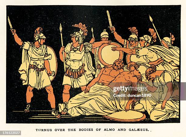 turnus over the bodies of almo and galaesus - virgil stock illustrations