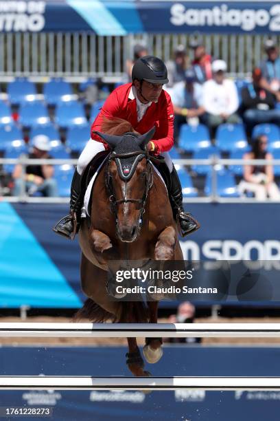 Agustin Covarrubias of Team Chile riding Nelson du Petit Vivier competes in Equestrian Jumping - Individual Final Round at Escuela de Equitación...