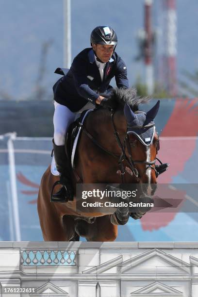 Jose Larocca of Team Argentina riding Finn Lente competes in Equestrian Jumping - Individual Final Round at Escuela de Equitación Regimiento...