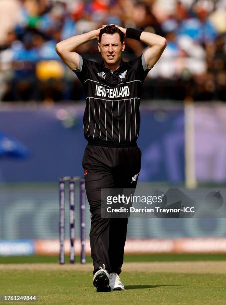Matt Henry of New Zealand reacts during the ICC Men's Cricket World Cup India 2023 Group Stage Match between Australia and New Zealand at HPCA...